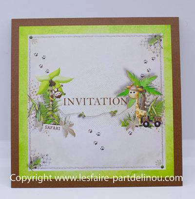 Invitation anniversaire sur le thème de la jungle et safari au format 10×10 cm recto/verso.