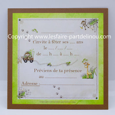 Invitation anniversaire sur le thème de la jungle et safari au format 10×10 cm recto/verso. – Image 2
